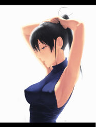 Rule 34 | 00s, 1girl, adjusting hair, amino (tn7135), armpits, arms up, bad id, bad pixiv id, blue eyes, border, breasts, covered erect nipples, highres, large breasts, letterboxed, melty blood, mouth hold, no bra, ponytail, profile, riesbyfe stridberg, sideboob, silver hair, sleeveless, sleeveless turtleneck, solo, tsukihime, turtleneck, type-moon