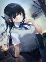 Rule 34 | 1girl, bag, black hair, black skirt, blouse, blurry, blurry background, blush, bow, bowtie, breasts, collared shirt, commentary request, dutch angle, gyozanuko, hand up, highres, long hair, looking at viewer, original, outdoors, parted lips, pleated skirt, ribbon, school bag, school uniform, shirt, short sleeves, skirt, solo, very long hair, white shirt
