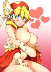 Rule 34 | 1girl, absurdres, alia (mega man), android, blonde hair, blue eyes, blush, breasts, capcom, cape, embarrassed, gloves, hat, highres, kotatuman dash, large breasts, mega man (series), mega man x (series), nipples, nude, open mouth, red cape, robot, robot ears, sitting, solo, white gloves, wide hips