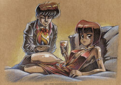 Rule 34 | 1990s (style), 1boy, 1girl, alcohol, armlet, artist name, bare back, bare shoulders, blue jacket, blunt bangs, blunt ends, bob cut, bowing, breasts, brown background, brown eyes, brown hair, chair, cleavage, closed eyes, closed mouth, colored pencil (medium), commentary, cup, dated, dress, drink, drinking glass, elbow rest, english commentary, expressionless, formal, full body, gift, giving, gold necklace, golden egg, halterneck, high contrast, highres, holding, holding drink, holding gift, holding tray, jacket, jewelry, karafactory, kunou tatewaki, light smile, lips, looking at viewer, lounge chair, lying, medium breasts, multicolored clothes, multicolored jacket, necklace, nose, on side, pelvic curtain, pillow, pinup (style), plunging neckline, ranma 1/2, red dress, red jacket, red ribbon, retro artstyle, ribbon, shirt, short hair, side slit, sideboob, suit, suit jacket, tendou nabiki, thighhighs, traditional media, tray, two-tone jacket, underboob, watermark, web address, white shirt, wine, wine glass