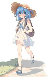 Rule 34 | 1girl, absurdres, aoi tori, backpack, bag, bare arms, bare legs, barefoot, blue eyes, blue hair, blush, brown bag, commentary, dirt road, drawstring, dress, fang, feet, full body, grass, hat, highres, looking at viewer, medium hair, open mouth, original, road, sandals, simple background, skin fang, sleeveless, solo, straw hat, teru-chan (aoi tori), toes, two side up, walking, white background, white dress