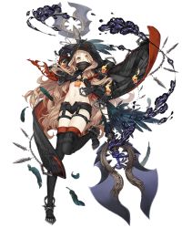 Rule 34 | 1girl, blonde hair, boots, cloak, feathers, full body, covered mouth, holding, holding weapon, hood, hooded cloak, ji no, red riding hood (sinoalice), lock, long hair, looking at viewer, midriff, navel, official art, orange eyes, padlock, polearm, short shorts, shorts, sinoalice, solo, thigh boots, thighhighs, transparent background, weapon
