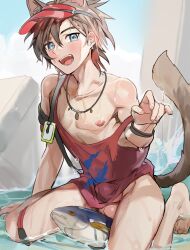 Rule 34 | 1boy, arknights, blue eyes, blush, bottomless, brown hair, bulge, cat boy, erection, erection under clothes, fangs, feet, fish, hat, highres, itsme takk, jewelry, male focus, necklace, nipples, pectorals, solo, stainless (arknights), tail, tank top, testicles, water, waterfall, wet