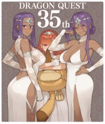 Rule 34 | 3girls, ;), alena (dq4), arm at side, arm up, ass, backless dress, backless outfit, bare shoulders, blunt bangs, blush, breasts, circlet, cleavage, closed mouth, commentary request, copyright name, dark-skinned female, dark skin, detached sleeves, dragon quest, dragon quest iv, dress, earrings, elbow gloves, female focus, gloves, hair between eyes, hair bun, hand in own hair, hand on own hip, jewelry, large breasts, long hair, long sleeves, looking at viewer, manya (dq4), minea (dq4), multiple girls, one eye closed, orange hair, pelvic curtain, purple hair, red eyes, shaded face, shoe-ji, siblings, sidelocks, single hair bun, sisters, smile, standing, stuffed toy, tassel, tiara, twins, v-shaped eyebrows, wallpaper (object), white dress, white gloves, wink