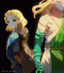 Rule 34 | 1boy, 1girl, archaic set (zelda), black background, blonde hair, blue shirt, blurry, blurry foreground, body markings, braid, cape, chain, green eyes, green robe, hair ornament, hairclip, high collar, highres, link, long hair, looking at another, looking back, maruta maruta, nintendo, parted bangs, pointy ears, princess zelda, robe, shirt, short hair, sidelocks, the legend of zelda, the legend of zelda: breath of the wild, the legend of zelda: tears of the kingdom, thick eyebrows, twitter username, upper body