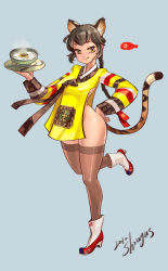 Rule 34 | 1girl, animal ears, ass, bad id, bad pixiv id, boots, braid, brown eyes, brown hair, cat ears, fish, food, hanbok, highres, korean clothes, korean text, long hair, long sleeves, no panties, showgus, signature, simple background, solo, soup, tail, thighhighs, tiger ears, tiger tail, yellow eyes