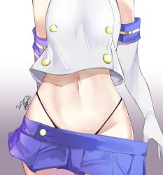Rule 34 | 10s, 1girl, absurdres, arm behind back, bil-ajeossi, black panties, blouse, close-up, clothes pull, dated, gradient background, highres, kantai collection, microskirt, panties, shimakaze (kancolle), shirt, skirt, solo, stomach, underwear, white shirt