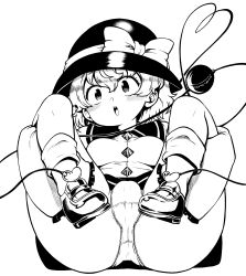 Rule 34 | 1girl, absurdres, ass, blush, boots, bow, breasts, cameltoe, commentary request, full body, hands under legs, hat, hat bow, heart, heart of string, high contrast, highres, himajin noizu, komeiji koishi, long sleeves, looking at viewer, medium breasts, monochrome, open mouth, panties, shoes, short hair, simple background, solo, third eye, touhou, underwear, upper body
