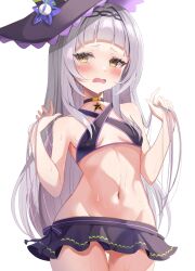 Rule 34 | 1girl, bare shoulders, bikini, bikini skirt, black bikini, blush, breasts, choker, commentary, criss-cross halter, embarrassed, grey hair, groin, halterneck, hands up, hat, highres, holding, holding own hair, hololive, long hair, looking to the side, murasaki shion, murasaki shion (hololive summer 2019), navel, official alternate costume, open mouth, shinonome shino (artist), simple background, small breasts, solo, star (symbol), star choker, stomach, swimsuit, symbol-only commentary, virtual youtuber, wet, white background, witch hat, yellow eyes