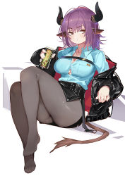Rule 34 | 1girl, animal ears, arknights, breasts, brown eyes, bursting breasts, cleavage, commentary request, drink, feet, grey pantyhose, horns, jacket, large breasts, long hair, looking at viewer, miniskirt, no shoes, open clothes, open jacket, pantyhose, purple hair, side slit, sideroca (arknights), sitting, skirt, solo, xiaoshou xiansheng