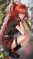 Rule 34 | 1girl, arknights, black footwear, black gloves, black shirt, black socks, breasts, casual, closed mouth, female focus, full body, gloves, graffiti, hair intakes, hands on own cheeks, hands on own face, highres, horns, kaguura (kagu), kneehighs, long hair, looking at viewer, looking to the side, medium breasts, miniskirt, official alternate costume, ponytail, purple eyes, red hair, red skirt, shirt, shoes, short sleeves, skirt, socks, solo, squatting, surtr (arknights), surtr (liberte echec) (arknights), thigh strap, very long hair
