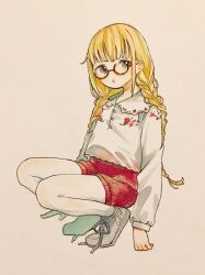 Rule 34 | 1girl, aran shorts, blonde hair, braid, brown eyes, collared shirt, commentary request, full body, futaba anzu, glasses, highres, idolmaster, idolmaster cinderella girls, long hair, long sleeves, looking at viewer, panties, pout, red shorts, round eyewear, shirt, shoes, short shorts, shorts, sks (s3 rosquilla), sneakers, solo, squatting, traditional media, twin braids, underwear, white panties, white shirt