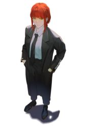 Rule 34 | 1girl, black necktie, black pants, braid, braided ponytail, chainsaw man, collared shirt, formal, full body, hands in pockets, highres, long coat, long hair, long sleeves, makima (chainsaw man), necktie, pants, red hair, ringed eyes, shirt, simple background, solo, sudstance, suit, white shirt, yellow eyes