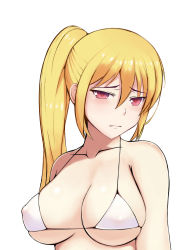 Rule 34 | 1girl, bad id, bad pixiv id, bikini, blonde hair, breasts, covered erect nipples, hair between eyes, highres, jangif, large breasts, long hair, looking at viewer, original, ponytail, red eyes, simple background, skindentation, solo, swimsuit, underboob, upper body, white background