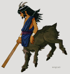 Rule 34 | 1boy, arm wrap, artist name, black fur, black hair, cane, centauroid, commentary request, dark-skinned male, dark skin, full body, goat boy, goat horns, goat tail, grey background, hooves, horns, long hair, looking to the side, male focus, monster boy, open mouth, original, red eyes, sabyap, sidelocks, simple background, solo, taur, toga, walking