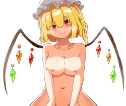 Rule 34 | 1girl, alternate breast size, blush, breasts, collarbone, eyes visible through hair, flandre scarlet, hair between eyes, hat, head tilt, heavy breathing, highres, implied sex, kiui (dagk8254), large breasts, looking at viewer, mob cap, navel, nipples, nude, out-of-frame censoring, red eyes, short hair, side ponytail, simple background, smile, solo, touhou, white background, wings