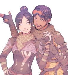 Rule 34 | 1boy, 1girl, animification, apex legends, belt, black bodysuit, black gloves, black hair, blue eyes, bodysuit, borrowed accessory, breasts, brown belt, brown hair, checkered clothes, checkered scarf, dark-skinned male, dark skin, fingerless gloves, gloves, green scarf, hair bun, hand on own hip, head tilt, highres, holding another&#039;s wrist, looking at viewer, medium breasts, mirage (apex legends), no pupils, orange bodysuit, parted bangs, pipa (1pgjsf1), scarf, simple background, single hair bun, smile, white background, wraith (apex legends)