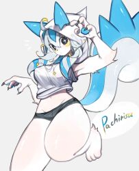 Rule 34 | ahoge, animal ears, barefoot, black eyes, blue fur, blue hair, blush stickers, breasts, creatures (company), fingernails, furry, furry female, game freak, gen 4 pokemon, highres, hood, hoodie, large breasts, looking at viewer, midriff, navel, nintendo, pachirisu, pawpads, pokemon, pokemon (creature), sharp fingernails, shorts, sparkling eyes, squirrel ears, squirrel tail, tail, thick thighs, thighs, togetoge, white fur, white hair