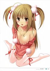 Rule 34 | 1girl, absurdres, azuma yuki, blonde hair, breasts, brown eyes, cleavage, covered erect nipples, covering privates, covering crotch, hair bobbles, hair ornament, highres, jewelry, large breasts, necklace, no bra, no panties, off shoulder, original, sitting, thighhighs, twintails, wariza, white thighhighs