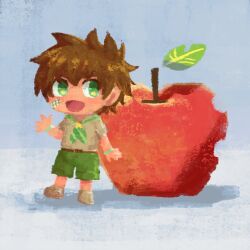Rule 34 | 1boy, apple, ascot, bandaid, bandaid on cheek, bandaid on face, blue background, brown footwear, brown hair, camp buddy, chibi, cseighteen, food, fruit, green ascot, green bracelet, green eyes, green shorts, grey shirt, looking at viewer, male focus, minimized, nagame keitaro, open mouth, red apple, shadow, shirt, shoes, short hair, shorts, solo, tongue, waving