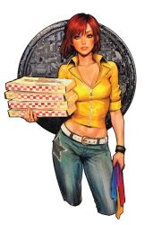 1girl april_o&#039;neil belt blue_eyes breasts cleavage collarbone comic_cover cropped_jacket cropped_legs denim highres jacket jeans large_breasts looking_at_viewer manhole_cover official_art pants parted_lips pizza_box red_hair short_hair simple_background solo sozomaika teenage_mutant_ninja_turtles textless_version white_background white_belt yellow_jacket