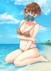 Rule 34 | 1girl, bare arms, bare legs, bare shoulders, beach, between legs, bikini, blue sky, breast hold, breasts, brown bikini, brown eyes, brown hair, character request, cleavage, cloud, cloudy sky, collarbone, copyright request, day, eyebrows, eyelashes, facing away, full body, gas mask, hair between eyes, hand between legs, high ponytail, large breasts, lens flare, looking at viewer, mask, navel, ocean, outdoors, palm tree, pochi (popcooooorn), sand, shadow, short hair, sitting, skindentation, sky, solo, swimsuit, tree, wariza, water