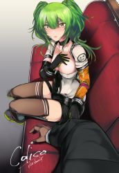 Rule 34 | 1boy, 1girl, asymmetrical gloves, black gloves, black shorts, blush, breasts, brown thighhighs, chair, character name, choker, clothes grab, dark skin, full body, girls&#039; frontline, gloves, green hair, hair between eyes, hand on own chest, highres, jewelry, kojima (blue stardust), long hair, looking at viewer, m950a (girls&#039; frontline), medium breasts, messy hair, necklace, open mouth, pov, shirt, shoes, short shorts, short sleeves, shorts, sidelocks, signature, sitting, skirt, sleeve grab, solo focus, thighhighs, twintails, two side up, uneven gloves, yellow eyes