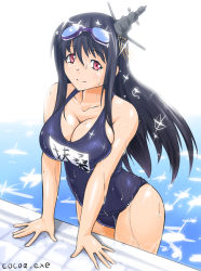 Rule 34 | 1girl, alternate costume, arm support, black hair, blue one-piece swimsuit, breasts, cleavage, cocoa (cocoa0191), collarbone, covered navel, day, from above, fusou (kancolle), goggles, goggles on head, hair between eyes, hair ornament, headgear, kantai collection, large breasts, long hair, looking at viewer, name tag, old school swimsuit, one-piece swimsuit, outdoors, partially submerged, pool, poolside, red eyes, refraction, school swimsuit, smile, solo, standing, swimsuit, wet, wet clothes