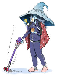 Rule 34 | 1girl, blue skin, bread slice, casual, cellphone, colored skin, contemporary, cup, elden ring, extra arms, food, glasses, grey hair, hat, henriiku (ahemaru), holding, jacket, long hair, multitasking, phone, ranni the witch, sandals, smartphone, solo, toast, track suit, vacuum cleaner, walking, witch hat