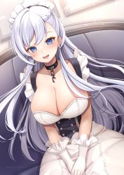 Rule 34 | 1girl, :d, azur lane, bare arms, belfast (azur lane), black choker, blue eyes, blush, braid, breasts, chain, choker, cleavage, collar, collarbone, couch, dress, dutch angle, floating hair, frilled gloves, frilled hairband, frills, gloves, grey hair, hairband, hands on lap, highres, indoors, large breasts, long hair, looking at viewer, low neckline, maid headdress, miyagi ratona, open mouth, parted lips, sitting, sleeveless, sleeveless dress, smile, solo, swept bangs, teeth, twitter username, upper teeth only, very long hair, white dress, white gloves, white hair, white hairband