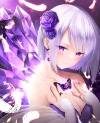 Rule 34 | 1girl, azuma yuki, black bow, bow, breasts, cleavage, closed mouth, commentary request, crystal, dress, feathers, flower, hair flower, hair ornament, hands up, heart, highres, looking at viewer, medium breasts, nail polish, original, purple dress, purple eyes, purple flower, purple hair, purple nails, purple rose, rose, short hair, signature, smile, solo, strapless, strapless dress