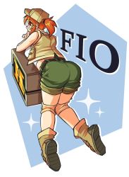Rule 34 | ass, ass focus, bare arms, boots, character name, commission, fio germi, from behind, highres, kidakash, knee pads, metal slug, red hair, round eyewear, shorts, simple background