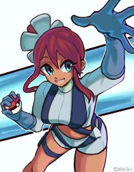 1girl absurdres artist_request beige_skin blue_eyes bodysuit breasts creatures_(company) game_freak gloves highres huge_breasts nintendo poke_ball pokemon pokemon_bw red_hair shorts skyla_(pokemon) smile