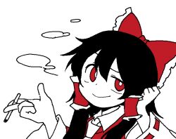 Rule 34 | 1girl, ascot, bbyong403, black hair, bow, bright pupils, cigarette, closed mouth, hair bow, hakurei reimu, hand up, holding, holding cigarette, looking at viewer, red bow, simple background, smile, smoking, solo, touhou, white background, white pupils