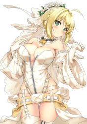 Rule 34 | &gt;:), 10s, 1girl, ahoge, b-ginga, bare shoulders, belt, blonde hair, breasts, chain, cleavage, closed mouth, commentary request, cowboy shot, detached collar, detached sleeves, fate/extra, fate/extra ccc, fate (series), flower, flower wreath, garter straps, gloves, gluteal fold, green eyes, hair intakes, hands up, head tilt, head wreath, large breasts, leotard, lock, long sleeves, looking at viewer, nero claudius (bride) (fate), nero claudius (bride) (second ascension) (fate), nero claudius (fate), nero claudius (fate) (all), padlock, shiny skin, short hair, simple background, skindentation, smile, standing, thigh gap, thighhighs, v-shaped eyebrows, veil, w arms, waist cape, white background, white gloves, white leotard, white thighhighs, wide sleeves, zipper