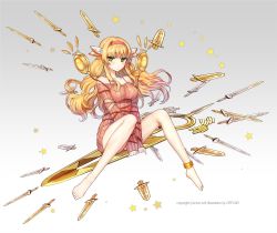 Rule 34 | 1girl, anklet, bare legs, bare shoulders, barefoot, blonde hair, blush, bound, dagger, dress, green eyes, hairband, jewelry, knife, leone (million arthur), long hair, looking at viewer, low twintails, million arthur (series), offcar, official art, sitting, sleeves past wrists, solo, star (symbol), sweater, sweater dress, tied up (nonsexual), twintails, v arms, weapon