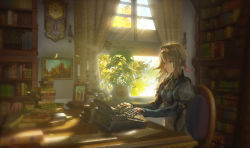 Rule 34 | 10s, 1girl, android, aqua eyes, blonde hair, book, book stack, bookshelf, chair, clock, curtains, denki, paper, picture frame, sitting, solo, table, typewriter, violet evergarden, violet evergarden (series)