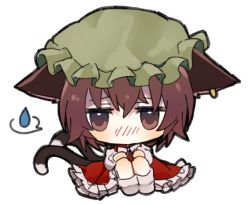 Rule 34 | 1girl, animal ears, blush, bow, bowtie, brown eyes, brown hair, cat ears, cat girl, cat tail, chen, chibi, commentary request, dress, earrings, full body, green hat, hair between eyes, hat, jewelry, kawaii rowa, knees up, long sleeves, looking at viewer, mob cap, multiple tails, no bra, nose blush, pleated dress, red dress, short hair, simple background, sitting, solo, spoken sweatdrop, sweatdrop, tail, touhou, two tails, white background, white bow, white bowtie, white legwear, white sleeves
