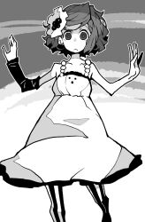 Rule 34 | 1girl, arm warmers, beads, closed mouth, collarbone, commentary, don&#039;t say &quot;lazy&quot;, dowman sayman, dress, expressionless, feet out of frame, flower, greyscale, hair flower, hair ornament, hands up, highres, hirasawa yui, k-on!, light frown, looking at viewer, monochrome, official alternate costume, outline, pantyhose, raised eyebrows, short dress, short hair, single arm warmer, sleeveless, sleeveless dress, solo, spaghetti strap, standing, standing on one leg, striped clothes, striped pantyhose, swept bangs, vertical-striped clothes, vertical-striped pantyhose, w arms, wide-eyed