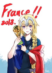 Rule 34 | !, !!, 1girl, 2018 fifa world cup, alternate costume, blonde hair, blue eyes, bracelet, braid, fate/grand order, fate (series), flag, french flag, headpiece, highres, holding, jeanne d&#039;arc (fate), jeanne d&#039;arc (ruler) (fate), jewelry, long braid, long hair, looking at viewer, open mouth, simple background, single braid, smile, soccer, soccer uniform, solo, sportswear, text focus, trophy, very long hair, world cup, yano senyuki