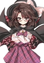 Rule 34 | 1girl, black cape, black hat, bow, brown eyes, brown hair, cape, closed mouth, commentary, crossed arms, fedora, hat, hat bow, highres, long sleeves, looking at viewer, plaid, plaid skirt, plaid vest, purple skirt, purple vest, quimbaya airplane, red-framed eyewear, runes, shirt, short hair, simple background, skirt, smile, solo, sutaku77224, touhou, usami sumireko, vest, white background, white bow, white shirt