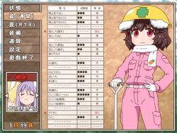 Rule 34 | 2girls, :3, adapted costume, animal ears, belt, blush, breast pocket, brown background, brown hair, carrot print, character name, closed eyes, commentary request, fake screenshot, feet out of frame, food print, gloves, hair between eyes, hand on own hip, hand up, hard hat, hat, helmet, inaba tewi, jacket, long hair, long sleeves, looking at viewer, multiple girls, pants, partially translated, pink jacket, pink pants, pocket, purple hair, rabbit ears, red eyes, reisen udongein inaba, scarf, shirosato, short hair, shovel, smile, standing, touhou, translation request, white gloves, white scarf, wing collar, yellow hat