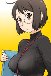Rule 34 | 10s, 1girl, ahoge, between breasts, black hair, blush, book, bra, bracelet, breasts, brown eyes, glasses, jewelry, lanyard, medium breasts, name tag, ribbed sweater, see-through, servant x service, short hair, solo, sweater, ueyama michirou, underwear, yamagami lucy, yellow background
