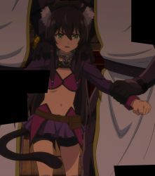 Rule 34 | 10s, 1girl, animal ear fluff, animal ears, black hair, cat ears, cat girl, cat tail, collar, flat chest, green eyes, hair bobbles, hair ornament, hair tubes, highres, isekai maou to shoukan shoujo no dorei majutsu, long hair, microskirt, navel, rem galleu, screencap, skirt, solo focus, standing, stitched, stomach, tail, third-party edit, v-shaped eyebrows, very long hair