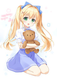 Rule 34 | 105961, 1girl, 2023, :d, absurdres, blonde hair, blue bow, blue ribbon, blue skirt, blush, bow, casual, character name, commentary request, dated, eyelashes, floating hair, floral print, frilled sleeves, frills, full body, green eyes, hair between eyes, hair bow, hair intakes, hair ornament, happy, happy birthday, head tilt, high-waist skirt, highres, holding, holding stuffed toy, long hair, looking at viewer, neck ribbon, official alternate costume, open mouth, puffy short sleeves, puffy sleeves, ribbon, shirt, short sleeves, sidelocks, simple background, sitting, skirt, smile, solo, stuffed animal, stuffed toy, summer pockets, teddy bear, tsumugi wenders, twintails, wariza, white background, white shirt, x hair ornament