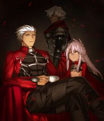 Rule 34 | 1girl, 2boys, archer (fate), brother and sister, chloe von einzbern, crossed legs, cup, dark-skinned female, dark-skinned male, dark skin, emiya kiritsugu, emiya kiritsugu (assassin), fate/grand order, fate/kaleid liner prisma illya, fate/stay night, fate (series), father and daughter, father and son, highres, kaerunoko, long hair, looking at viewer, multiple boys, pink hair, siblings, sitting, teacup, white hair, yellow eyes