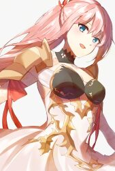 Rule 34 | 1girl, :d, armor, black choker, blue eyes, braid, breasts, choker, cleavage, dress, edamameoka, floating hair, hair between eyes, highres, long hair, medium breasts, open mouth, pink hair, ponytail, red ribbon, ribbon, shionne (tales), shoulder armor, sketch, smile, solo, tales of (series), tales of arise, white background, white dress