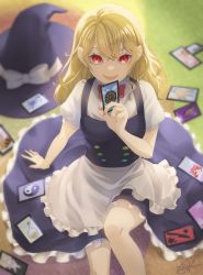 Rule 34 | 100th black market, 1girl, :d, arm support, blurry, blurry background, blurry foreground, buttons, card, depth of field, feet out of frame, flask, from above, hair between eyes, hat, highres, holding, holding card, kirisame marisa, looking at viewer, multicolored buttons, open mouth, red eyes, round-bottom flask, sitting, smile, solo, touhou, unworn hat, unworn headwear, user gcxy7887