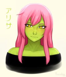 Rule 34 | 1girl, alisa (razalor), black sweater, blush, character name, closed mouth, collarbone, colored skin, commentary, dated, english commentary, eyelashes, green eyes, green skin, grey background, head tilt, long hair, looking at viewer, original, pink hair, razalor, ringed eyes, signature, simple background, smile, solo, sweater, upper body, yellow eyes