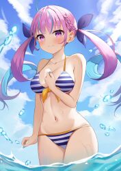Rule 34 | 1girl, absurdres, ahoge, blue hair, blue nails, blush, braid, breasts, chino0803, colored inner hair, highres, hololive, large breasts, long hair, looking at viewer, minato aqua, multicolored hair, pink hair, purple eyes, purple hair, solo, streaked hair, swimsuit, twintails, two-tone hair, virtual youtuber, water